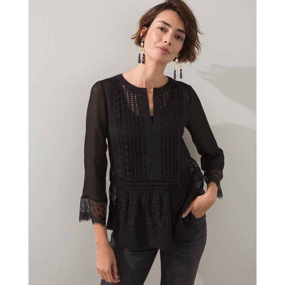 Chicos Womens Sheer Lace Blouse Size Large Black Peplum Hem Crochet Whimsygoth